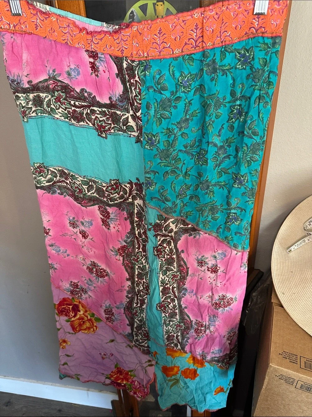Bohemian Patchwork Floral Maxi Skirt - Turquoise & Pink